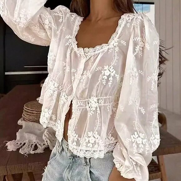 Tops - White Casual Women's Sheer Embroidered Lantern Sleeve Blouse